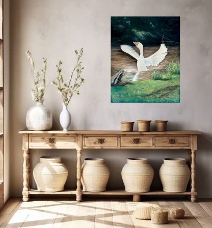 Image of oil painting on wall, goose in a creek