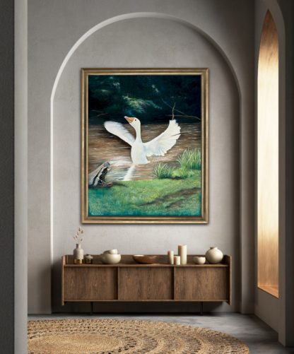 Image of oil painting on wall, goose in a creek