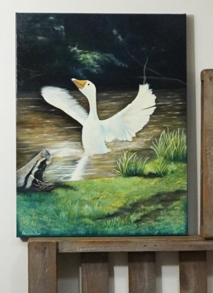 Image of oil painting on wall, goose in a creek