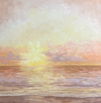 A golden coastal Impression in natural tones. Painted in a loose style with broad brushstrokes of yellows, pinks, mauves and tan. An atmospheric scene with the sun creating a beautiful glow over the ocean.