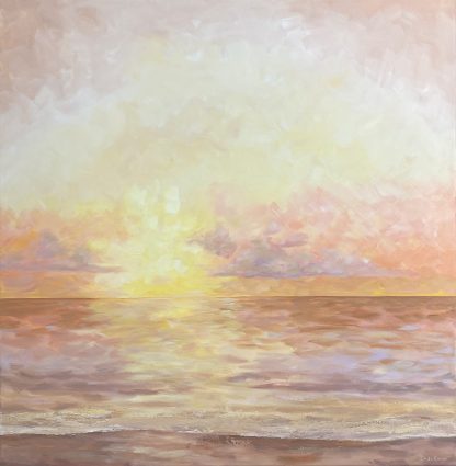 A golden coastal Impression in natural tones. Painted in a loose style with broad brushstrokes of yellows, pinks, mauves and tan. An atmospheric scene with the sun creating a beautiful glow over the ocean.