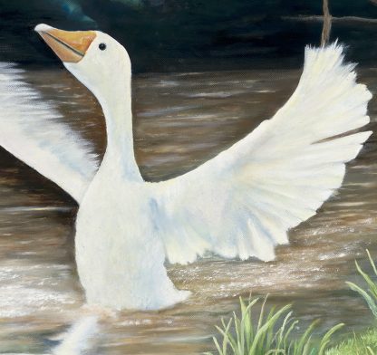 Image of oil painting on wall, goose in a creek