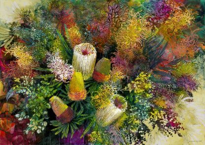 A painting of pink and yellow Australian native banksias