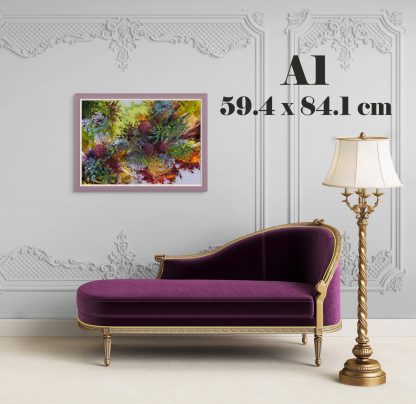 A purple chaise longue and a lamp in front of a painting of Australian Native Flowers